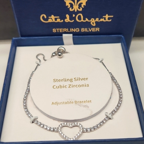 NIB CZ Sterling Silver Adjustable Heart Bracelet - Picture 5 of 5
